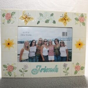 Young's Inc Friends Ceramic Photo Frame 4x6 Cream Floral Butterfly Vintage Style